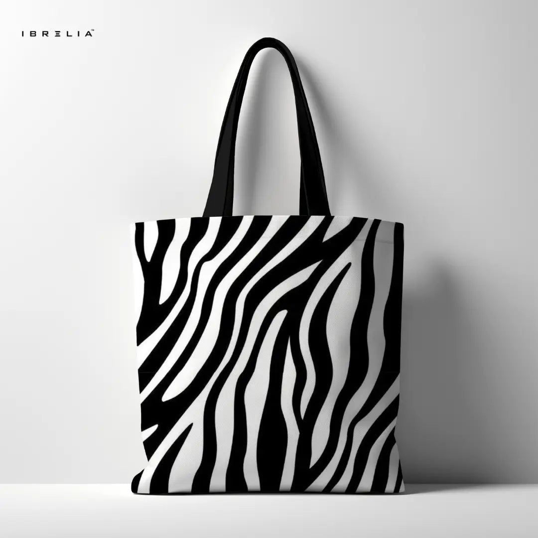 IBRELIA™ Zebra Pattern Tote Bag – Bold Black & White Aesthetic Tote with Premium Fabric & Velvet Handles IBRELIA
