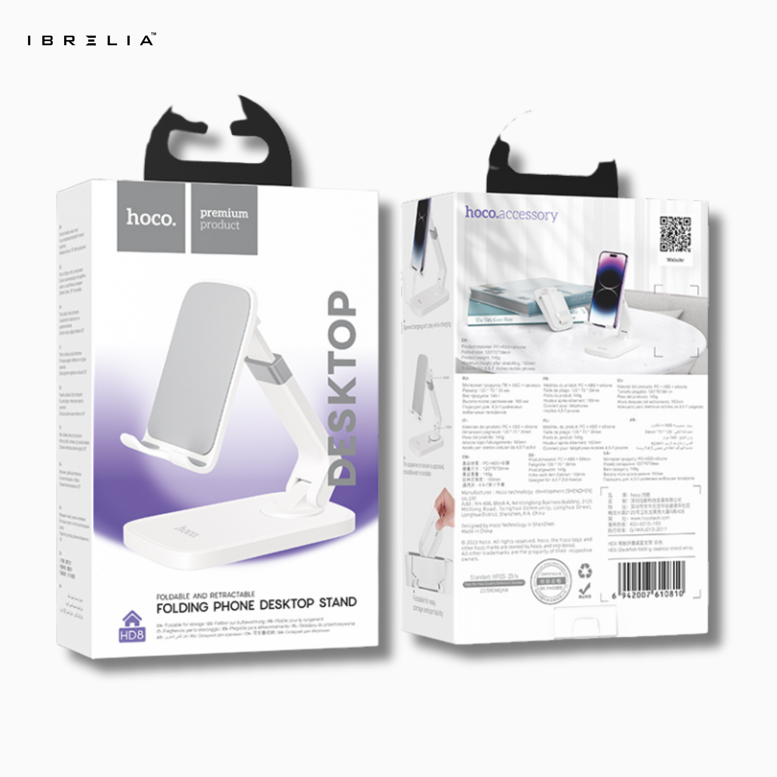 HOCO HD8 – Folding & Retractable Phone Desktop Stand – Premium Adjustable Holder (Black/White) – HOCO | IBRELIA™