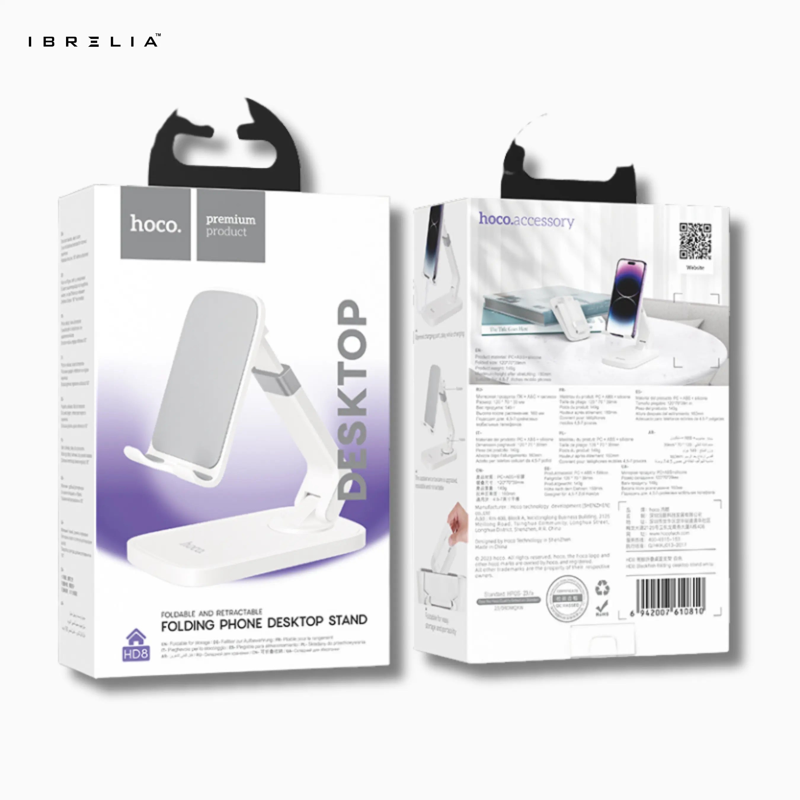 HOCO HD8 – Folding & Retractable Phone Desktop Stand – Premium Adjustable Holder (Black/White) – HOCO | IBRELIA™ IBRELIA