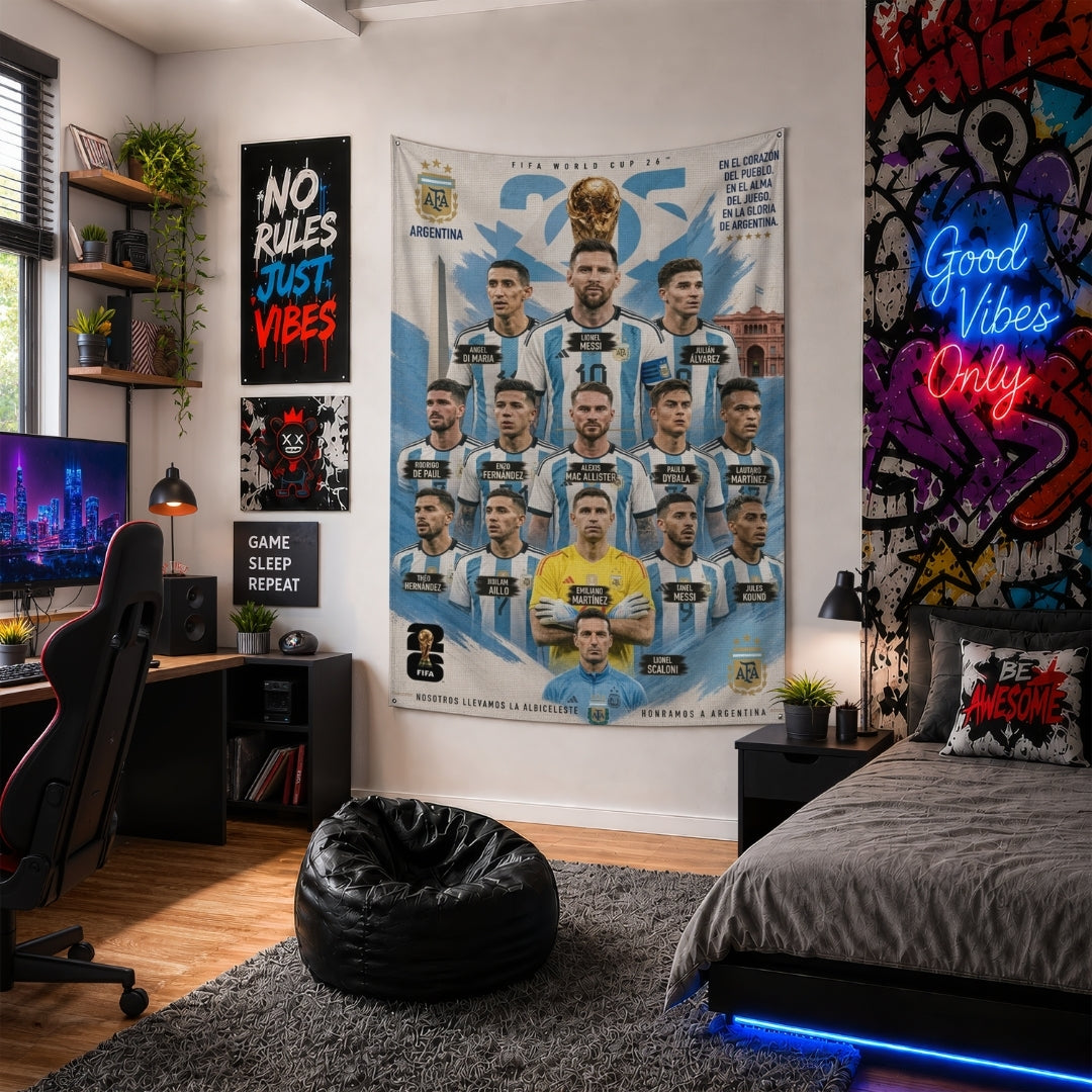 Argentina National Team – FIFA World Cup 2026 Squad – Premium Jute Fabric Tapestry – IBRELIA™