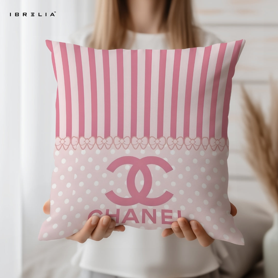 Pink Chanel Style Cushion 15x15 Inch | Bow Stripe Luxury Pillow | IBRELIA™ IBRELIA