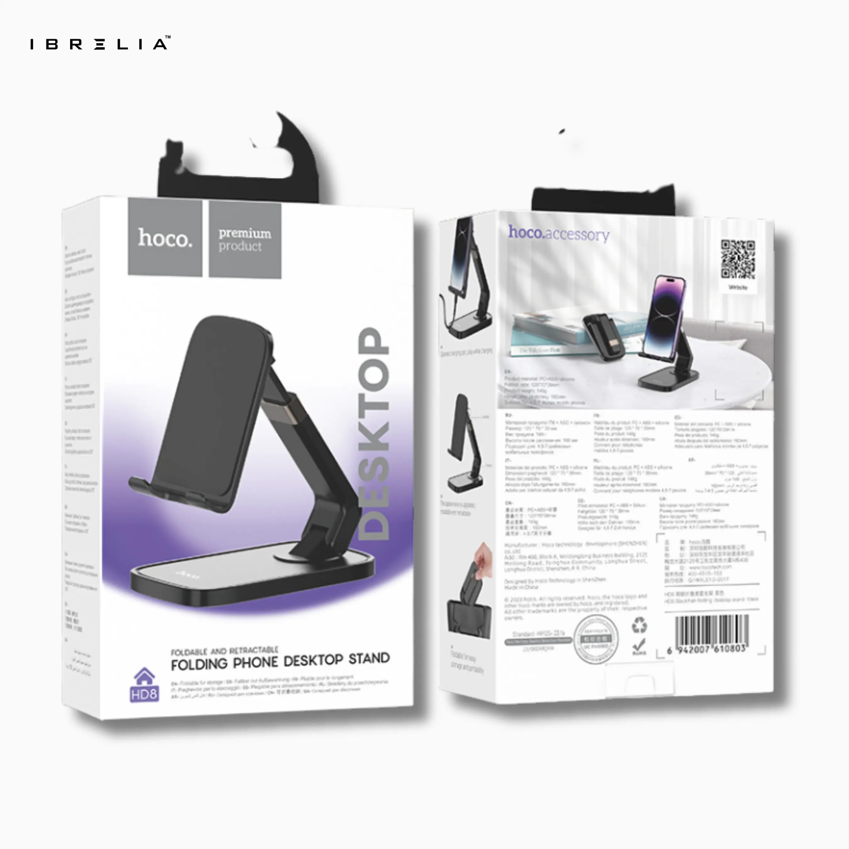 HOCO HD8 – Folding & Retractable Phone Desktop Stand – Premium Adjustable Holder (Black/White) – HOCO | IBRELIA™ IBRELIA