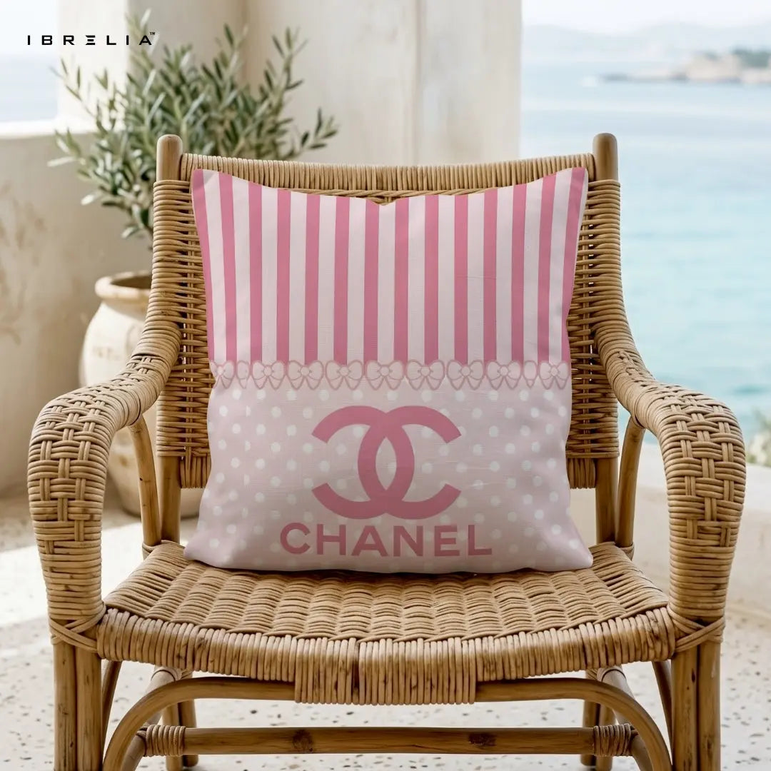 Pink Chanel Style Cushion 15x15 Inch | Bow Stripe Luxury Pillow | IBRELIA™ IBRELIA