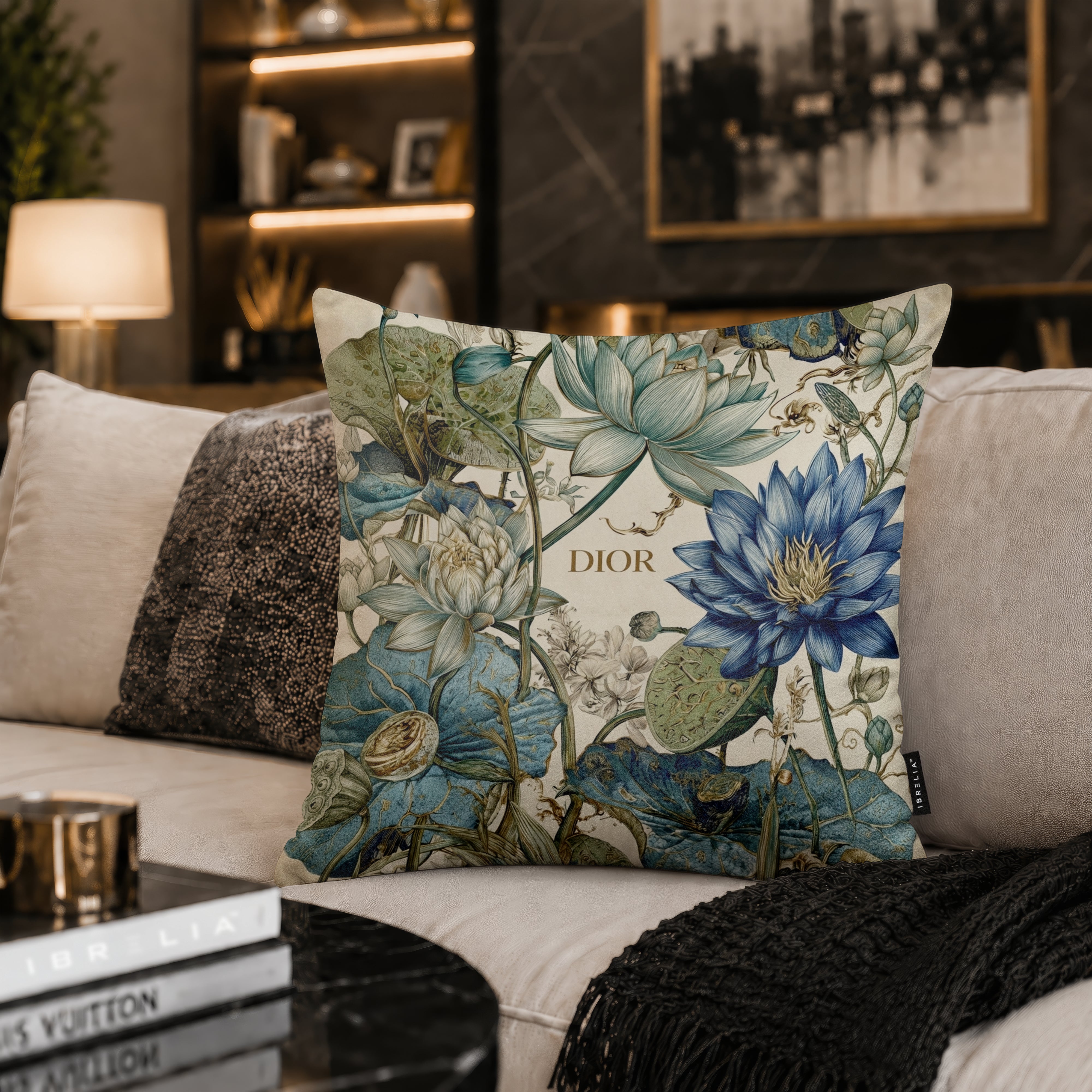 Luxury Blue Botanical Designer Cushion | Premium Velvet Suede | Double-Sided Print