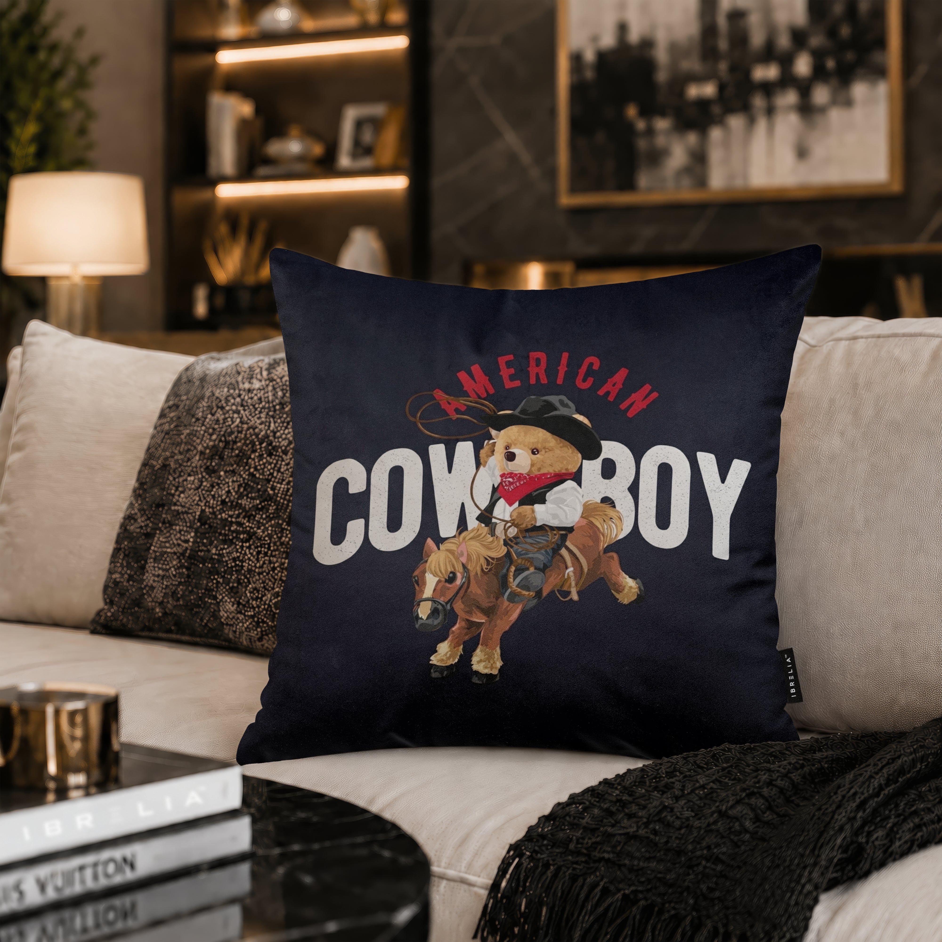 Cowboy Teddy Bear Velvet Suede Decorative Cushion | Premium Double-Sided Print