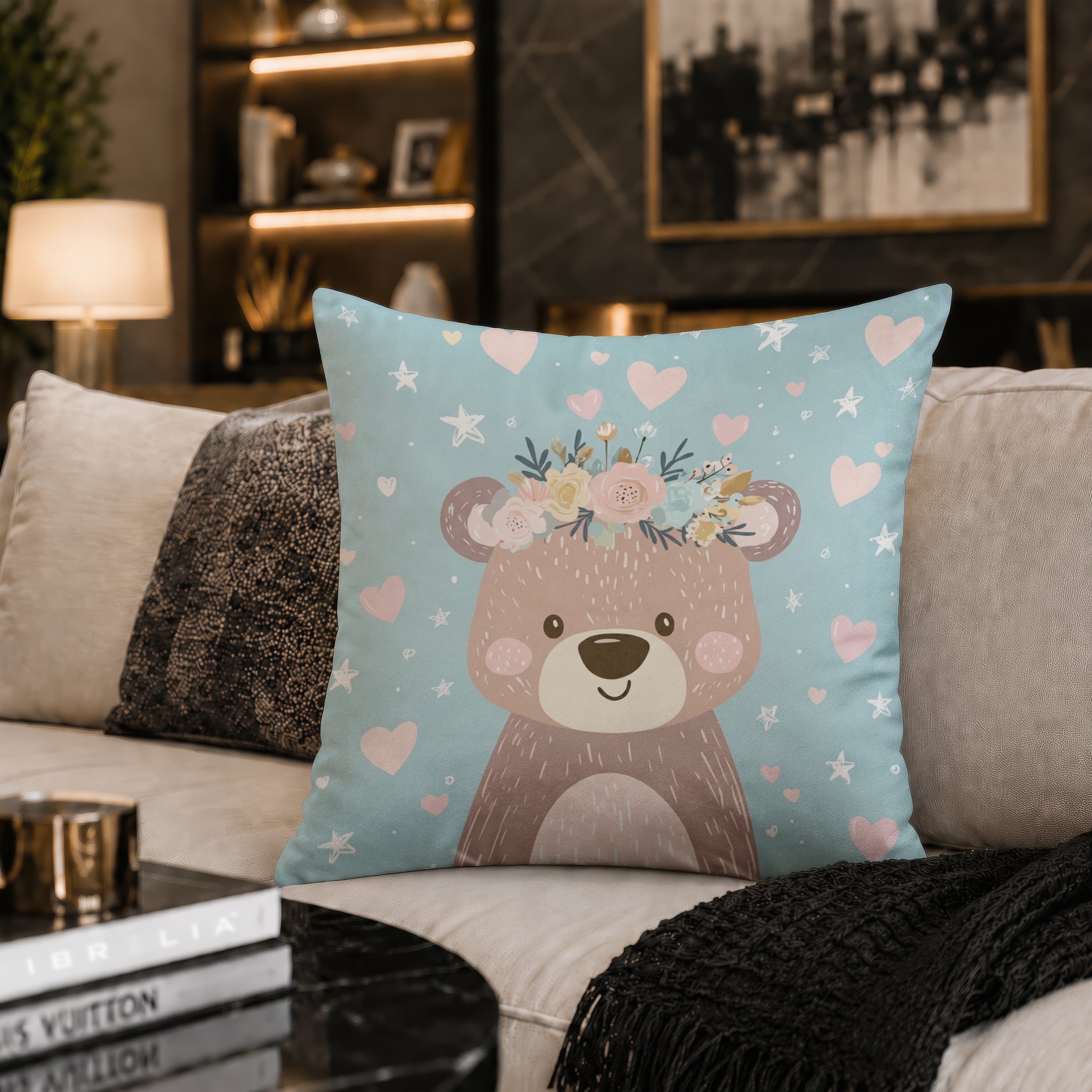 Cute Floral Teddy Bear Cushion | Premium Velvet Suede | Double-Sided Print