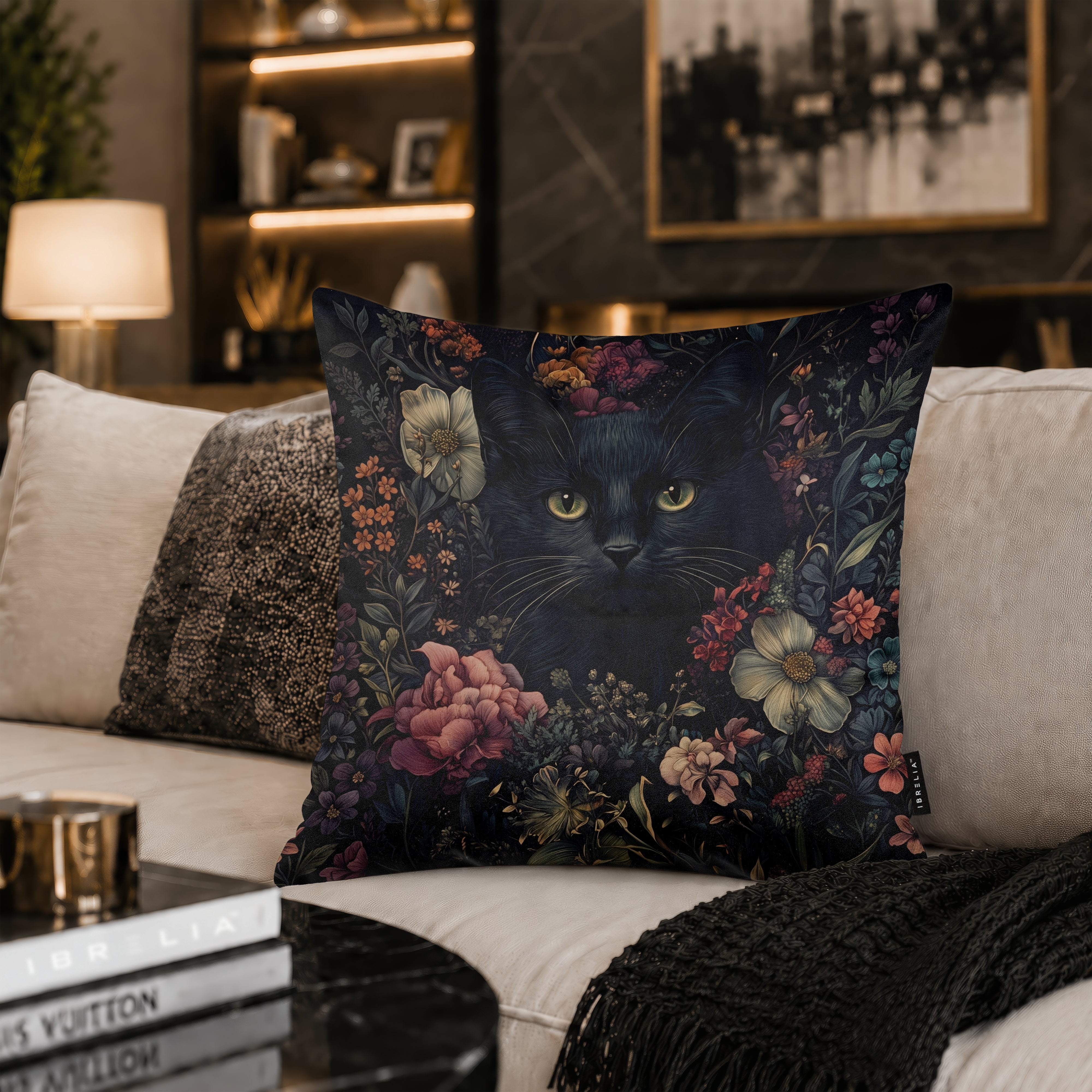 Midnight Floral Black Cat Cushion | Premium Velvet Suede | Double-Sided Print