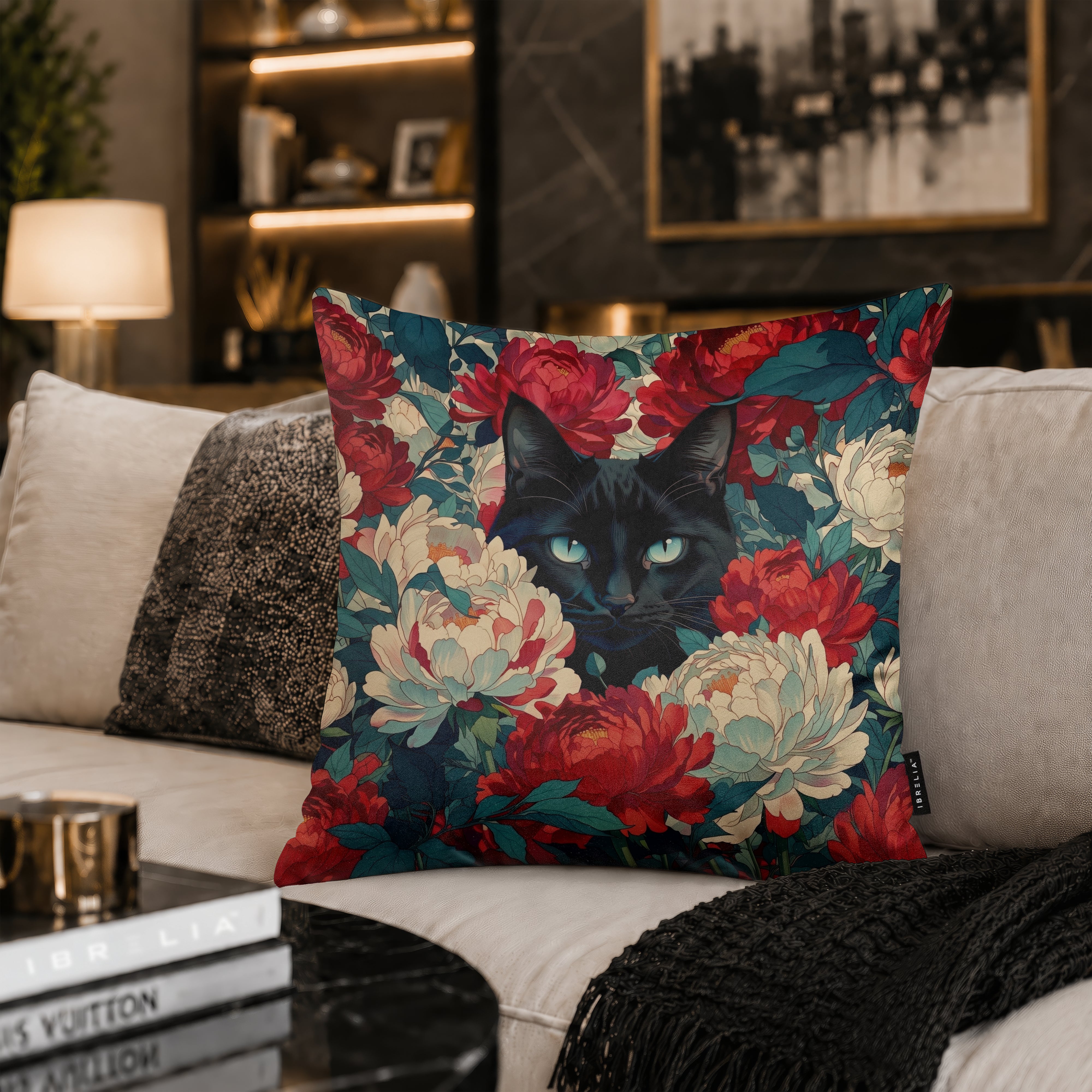 Midnight Bloom Black Cat Cushion | Premium Velvet Suede | Double-Sided Print