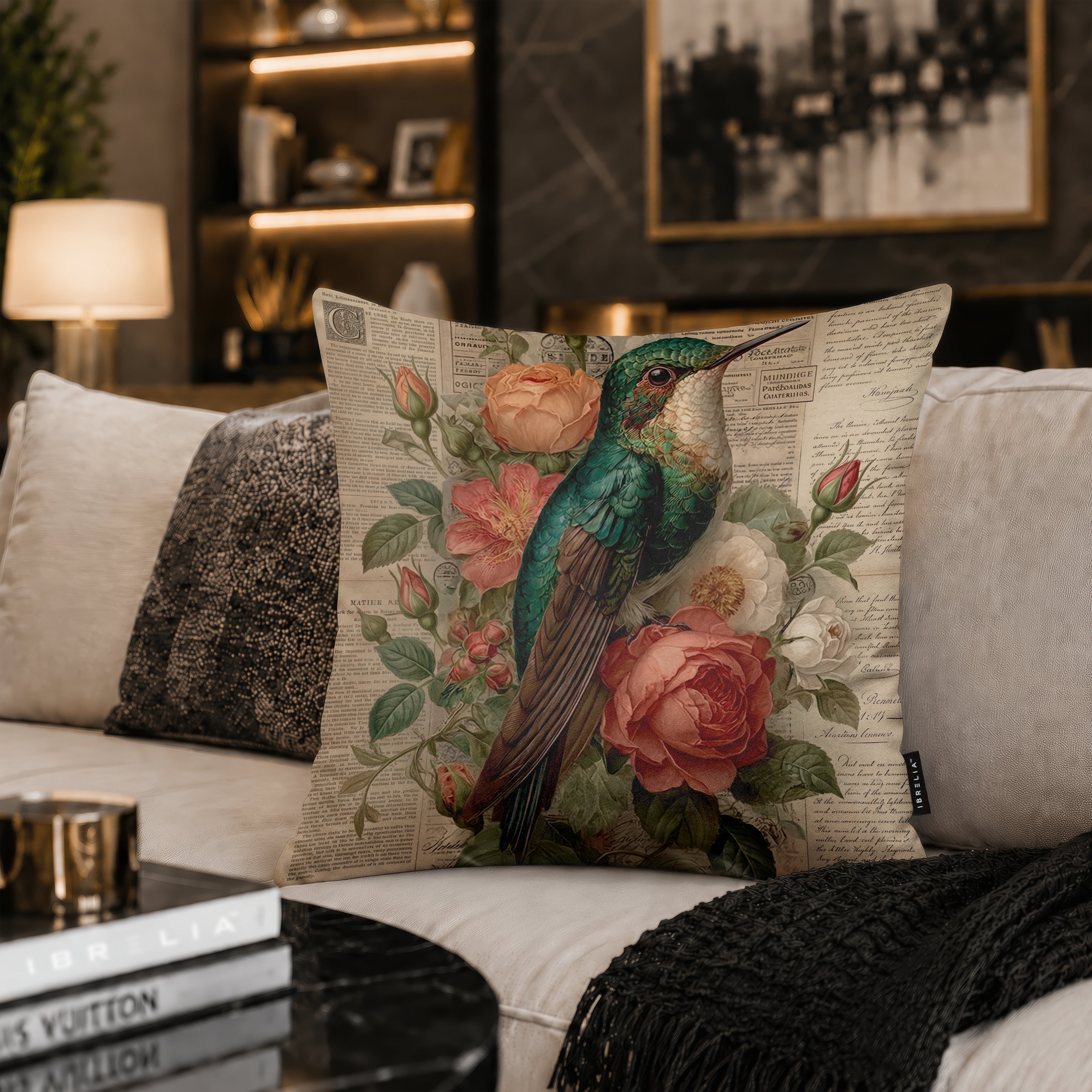 Vintage Hummingbird & Roses Cushion | Premium Velvet Suede | Double-Sided Print