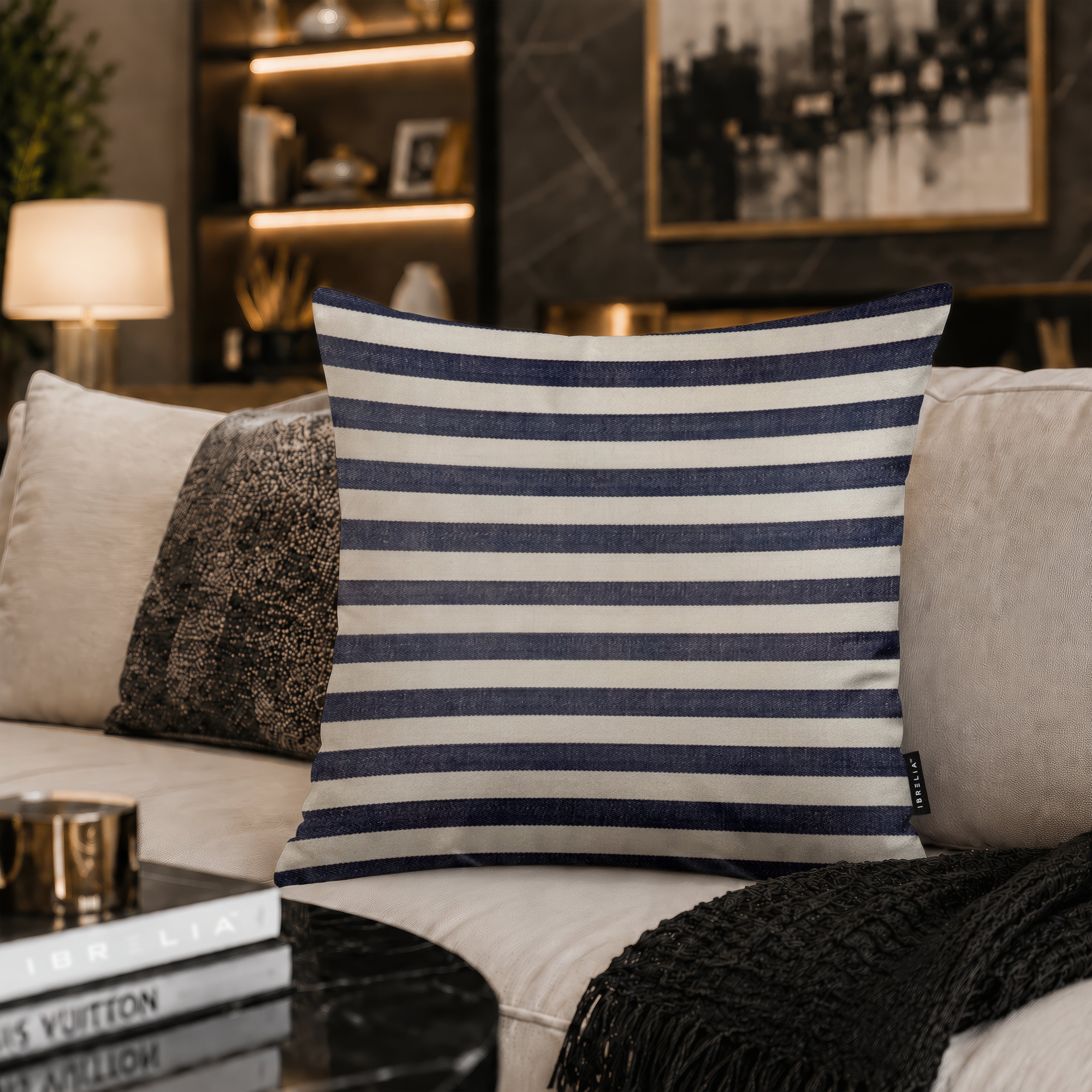 Classic Navy Striped Cushion | Premium Velvet Suede | Double-Sided Print