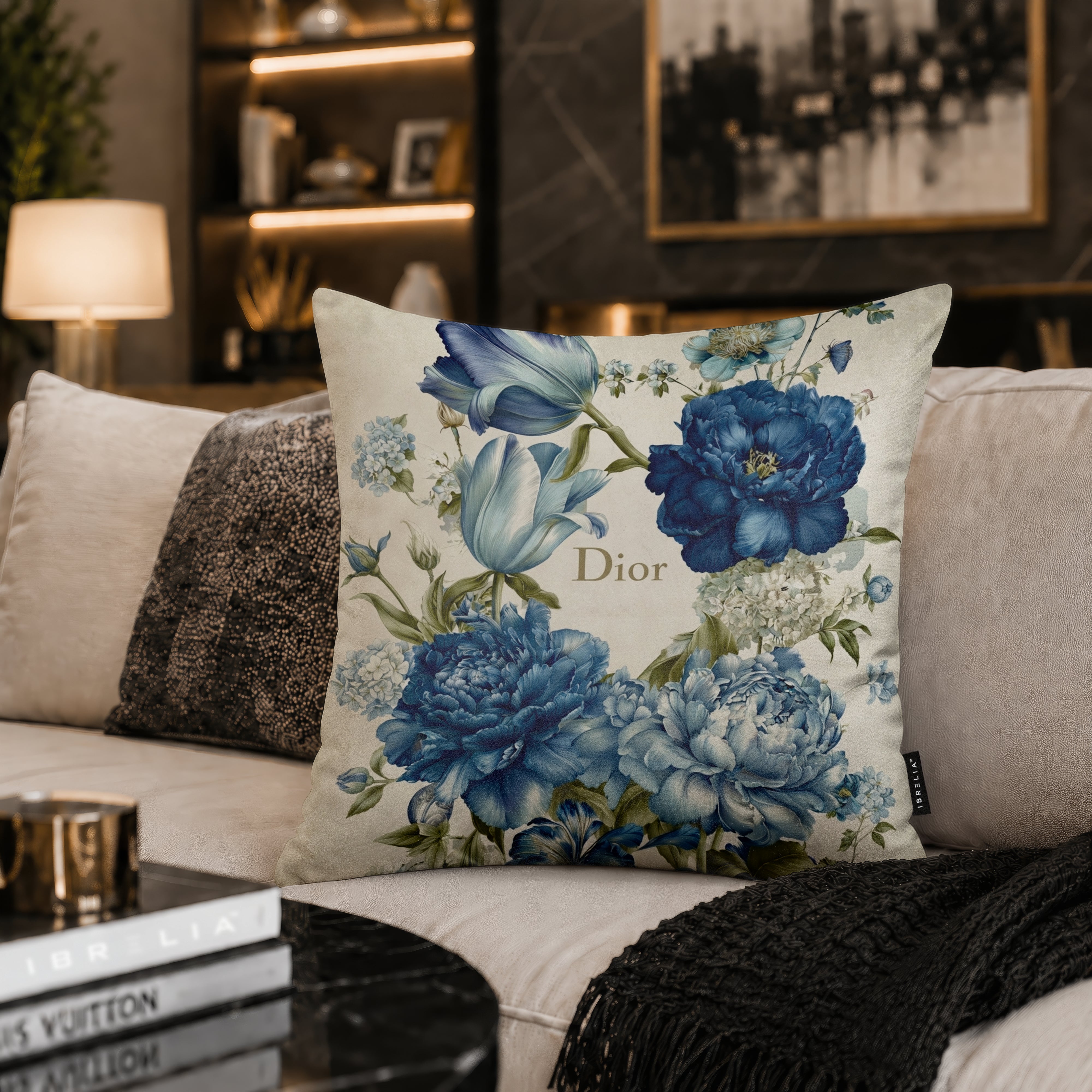 Luxury Blue Floral Designer Cushion | Premium Velvet Suede | Double-Sided Print