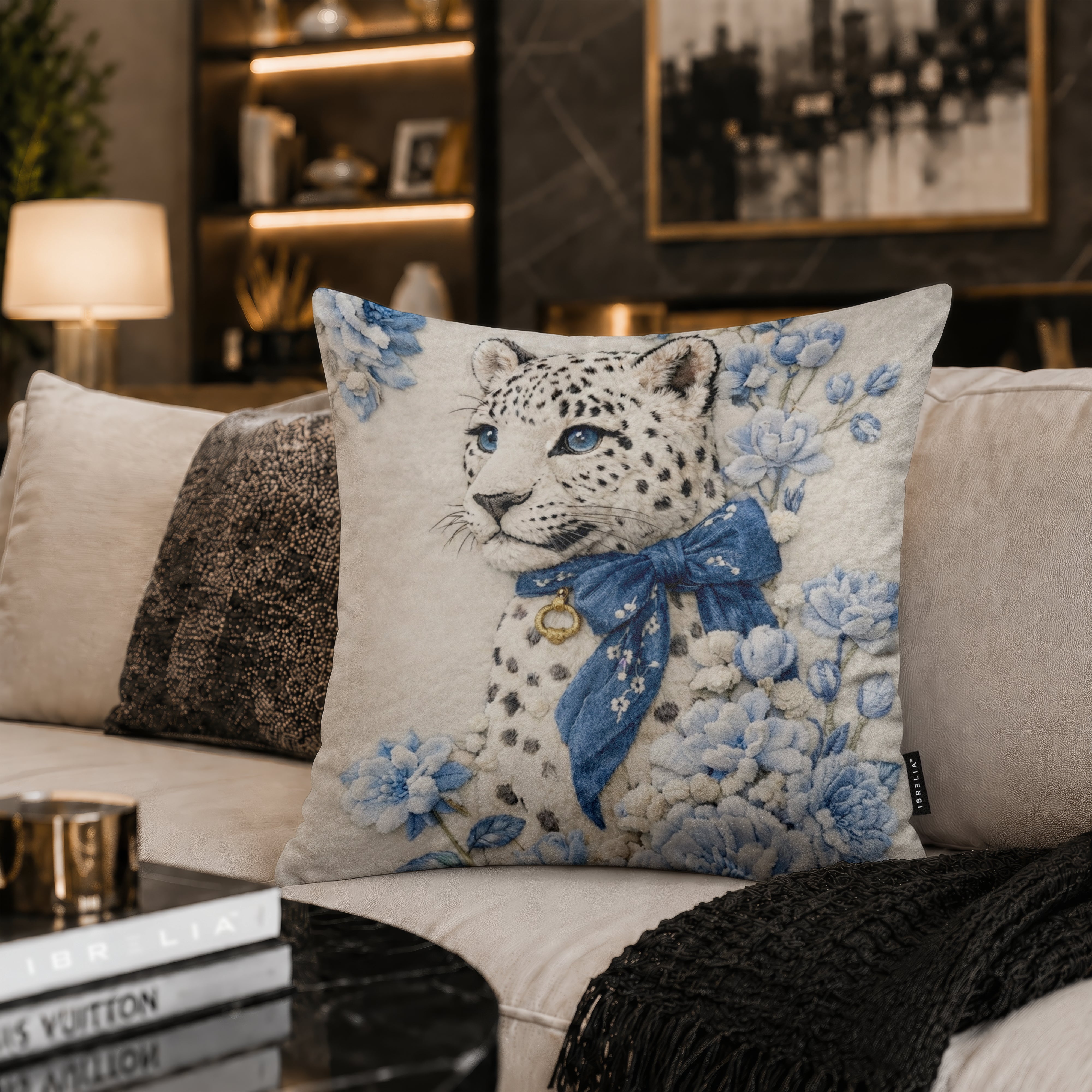 Luxury Snow Leopard Floral Cushion | Premium Velvet Suede | Double-Sided Print