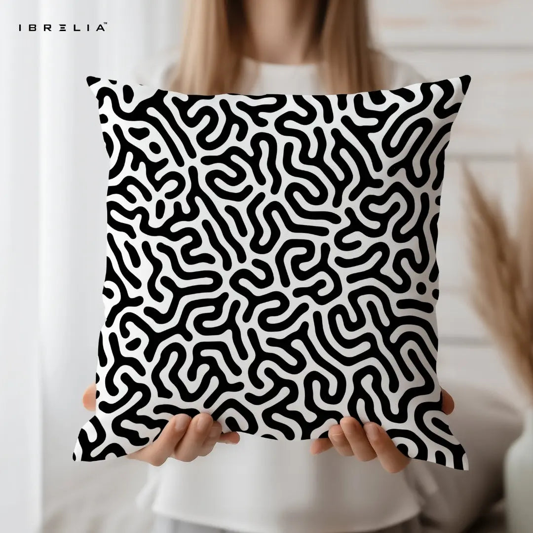 Abstract Monochrome Pattern Cushion – Black & White Modern Pillow 15x15 Inch | Minimal Aesthetic Cushion | IBRELIA™ IBRELIA