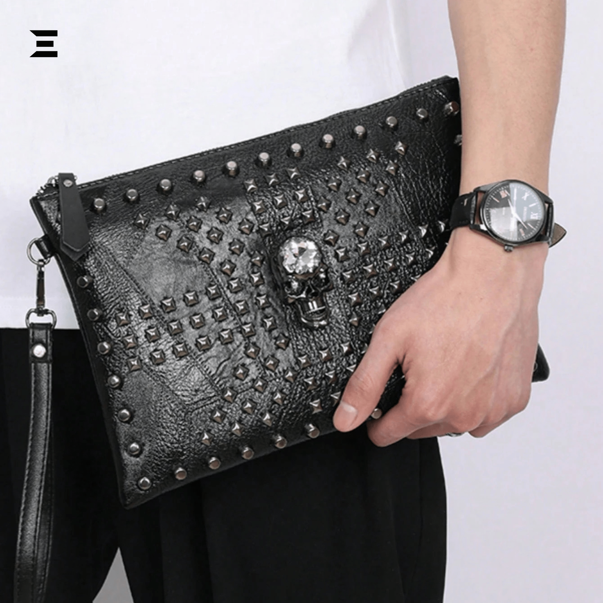Black Skull Rivet Leather Clutch – Men’s Punk - Style Handbag | IBRELIA™ - IBRELIA