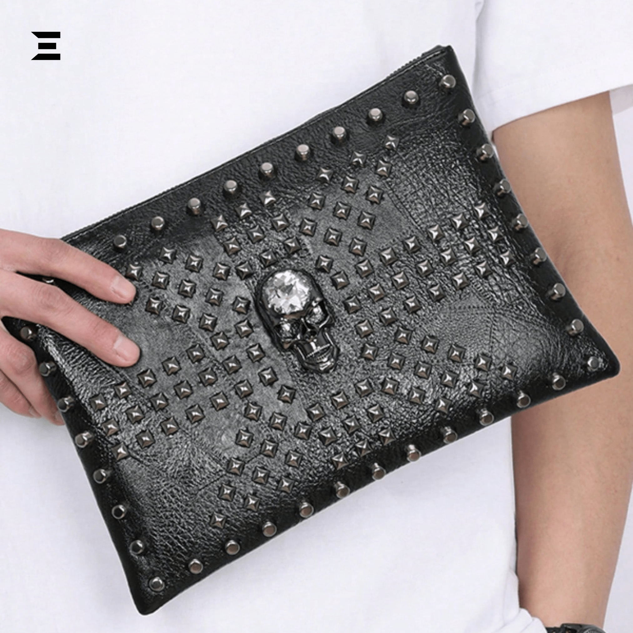 Black Skull Rivet Leather Clutch – Men’s Punk - Style Handbag | IBRELIA™ - IBRELIA