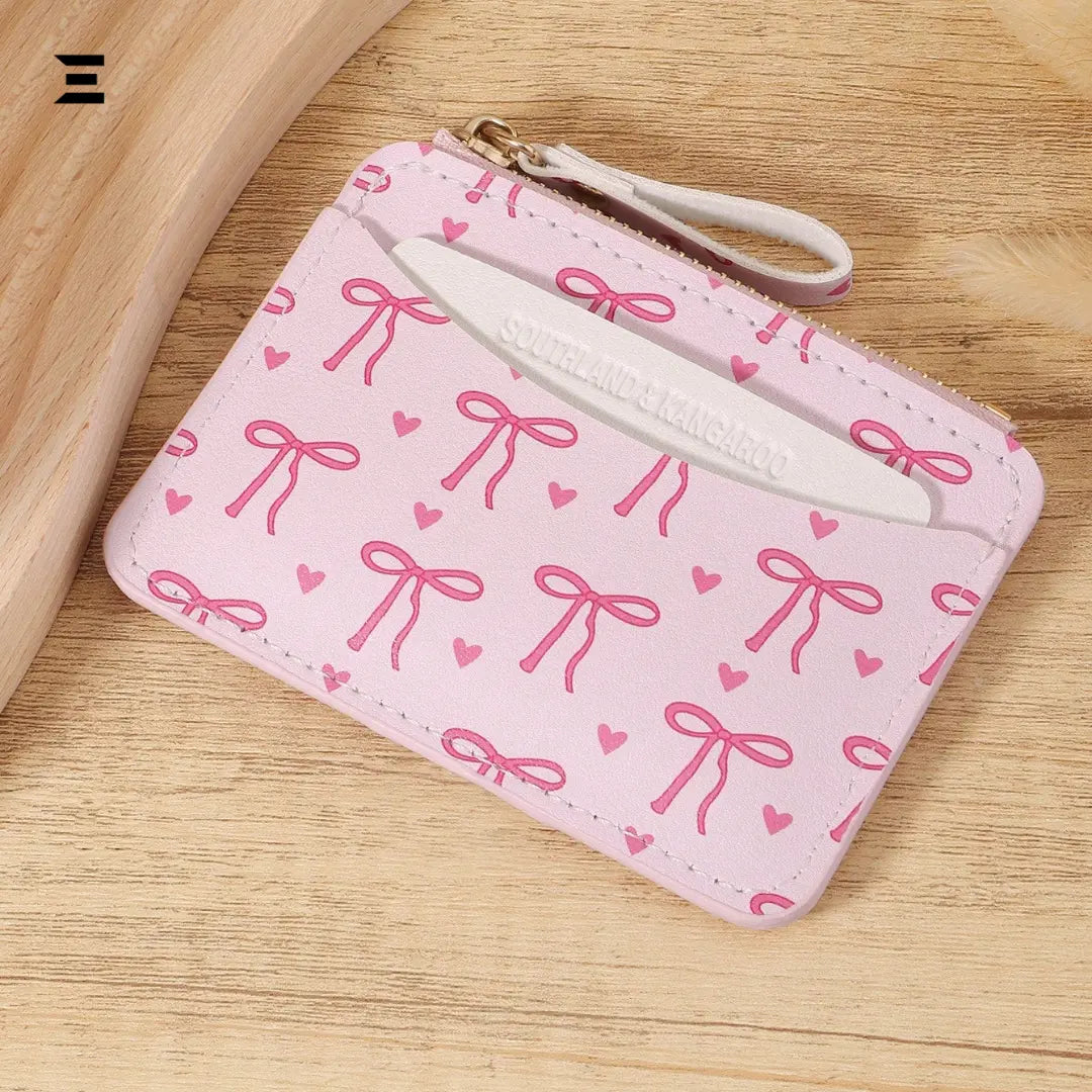 Pink Bow Love Pattern Mini Zipper Wallet | Slim Card & Coin Purse for Women | IBRELIA™ IBRELIA