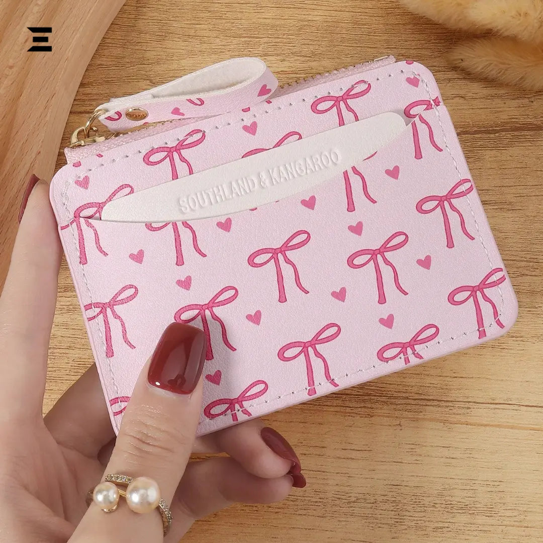 Pink Bow Love Pattern Mini Zipper Wallet | Slim Card & Coin Purse for Women | IBRELIA™ IBRELIA