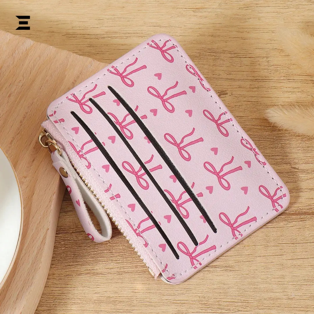 Pink Bow Love Pattern Mini Zipper Wallet | Slim Card & Coin Purse for Women | IBRELIA™ IBRELIA
