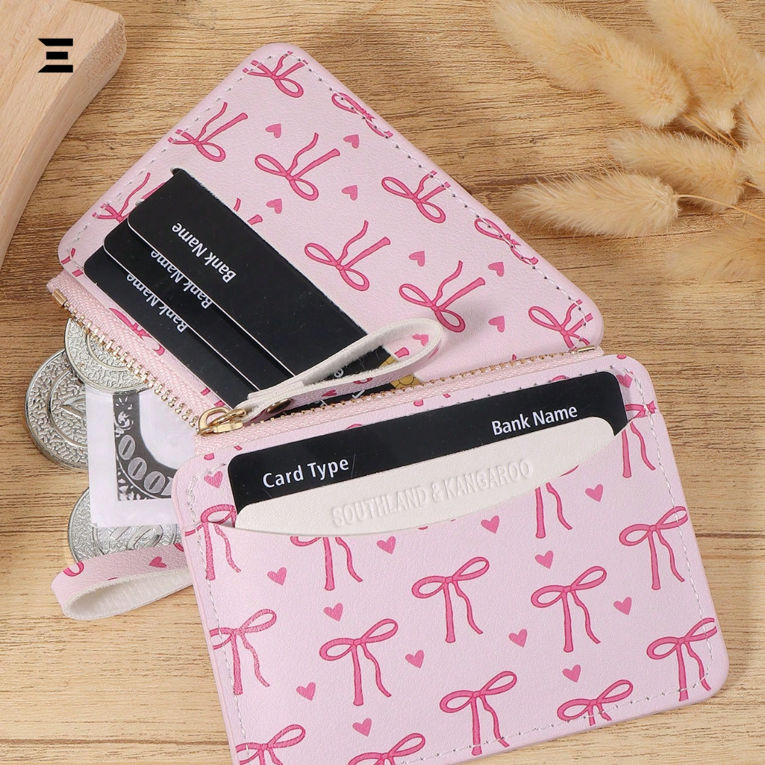 Pink Bow Love Pattern Mini Zipper Wallet | Slim Card & Coin Purse for Women | IBRELIA™