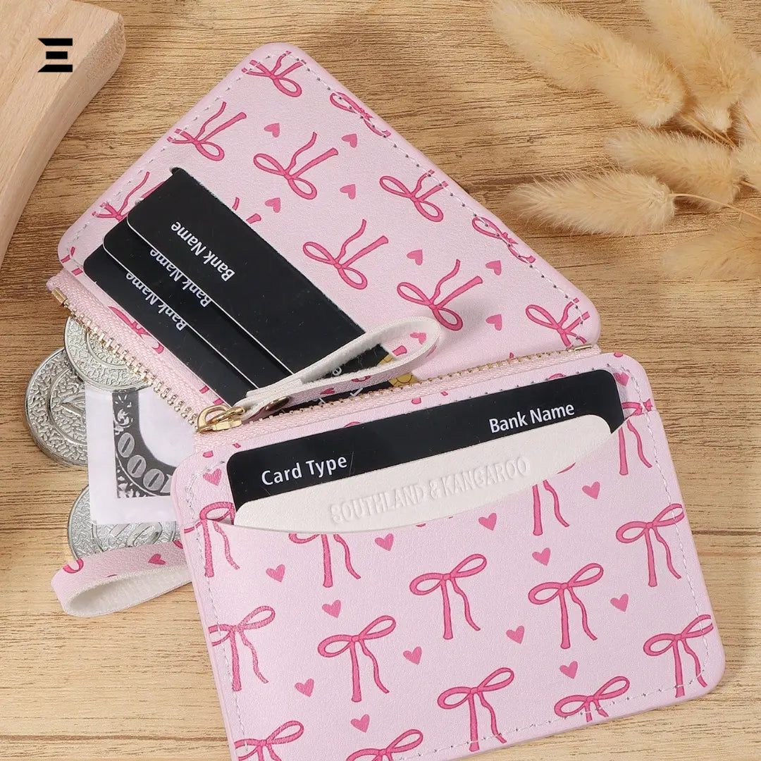 Pink Bow Love Pattern Mini Zipper Wallet | Slim Card & Coin Purse for Women | IBRELIA™ IBRELIA