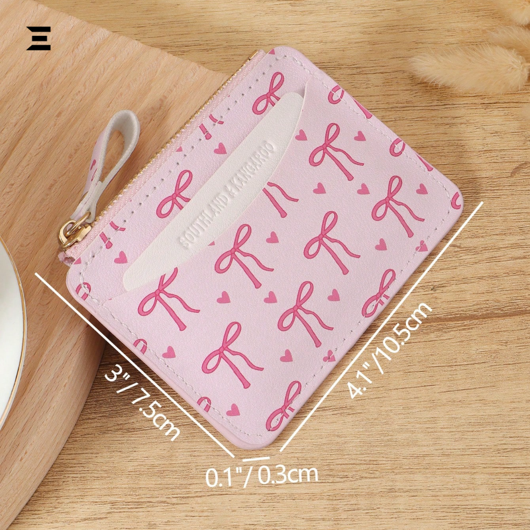 Pink Bow Love Pattern Mini Zipper Wallet | Slim Card & Coin Purse for Women | IBRELIA™