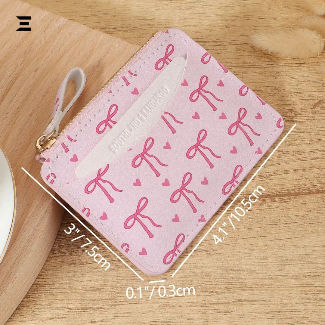 Pink Bow Love Pattern Mini Zipper Wallet | Slim Card & Coin Purse for Women | IBRELIA™ IBRELIA