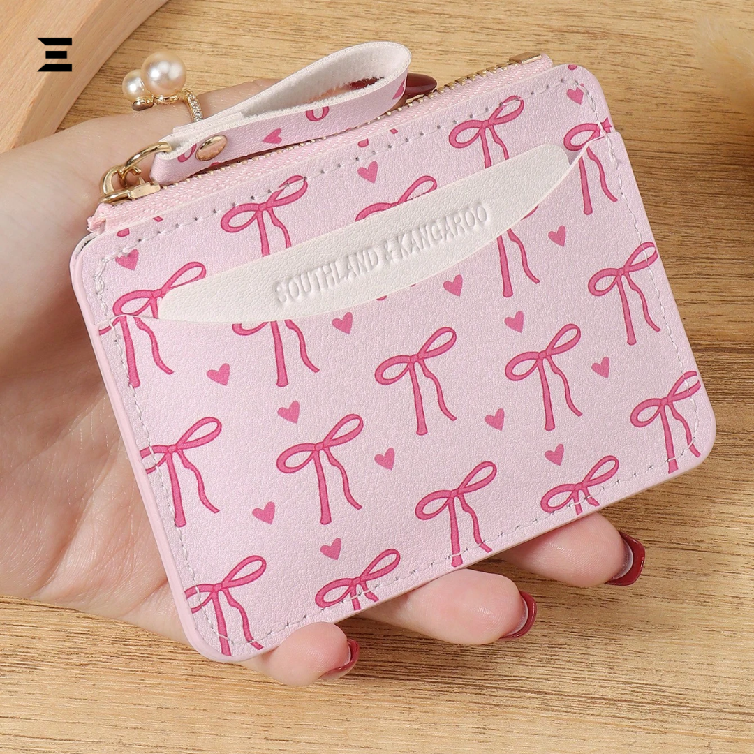 Pink Bow Love Pattern Mini Zipper Wallet | Slim Card & Coin Purse for Women | IBRELIA™
