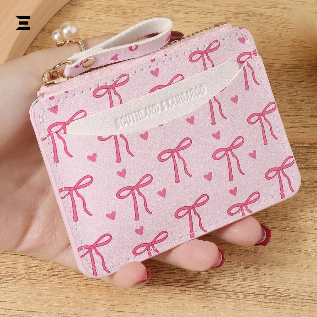 Pink Bow Love Pattern Mini Zipper Wallet | Slim Card & Coin Purse for Women | IBRELIA™ IBRELIA