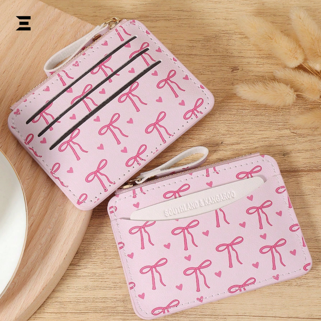 Pink Bow Love Pattern Mini Zipper Wallet | Slim Card & Coin Purse for Women | IBRELIA™