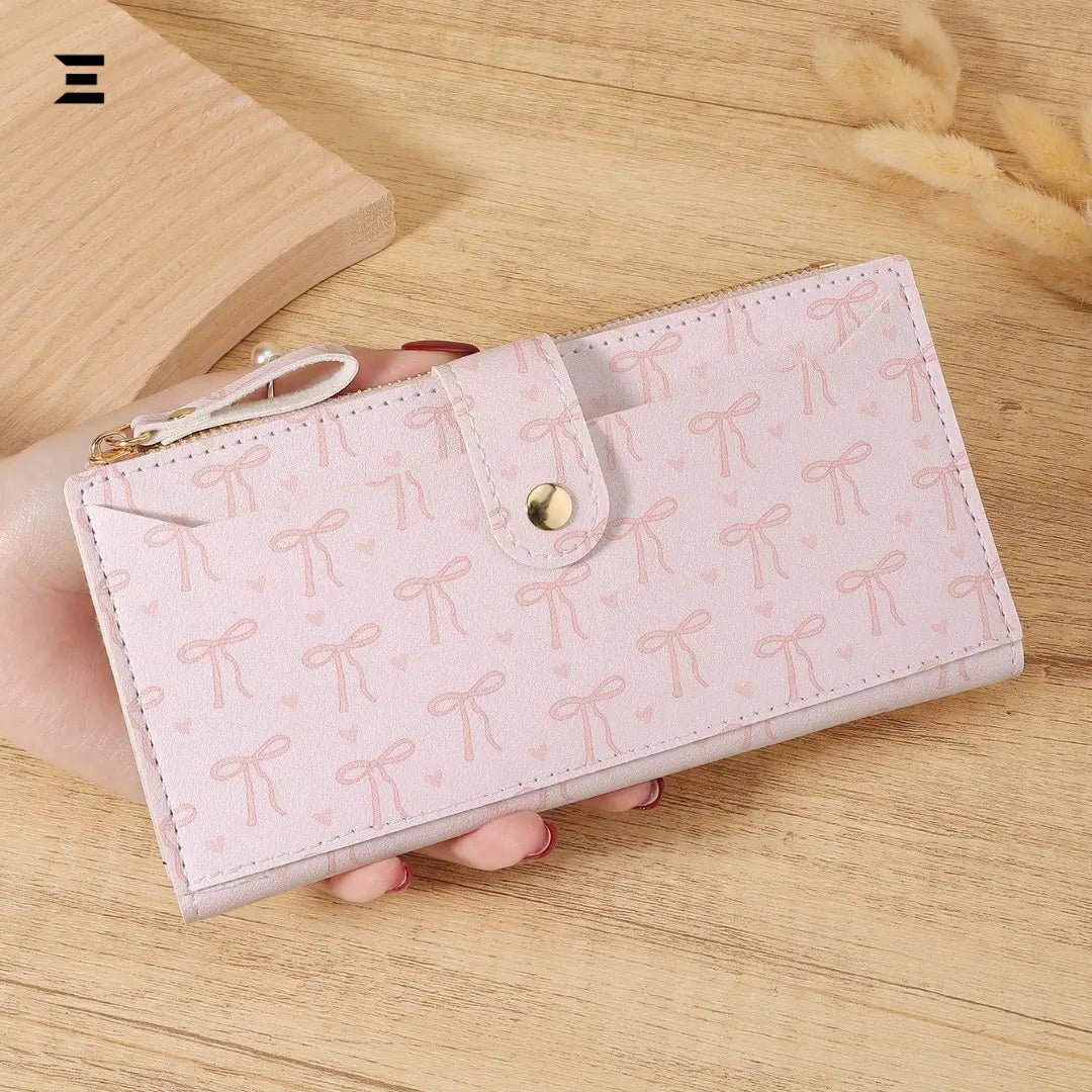 Pink Bow Love Pattern Long Wallet | Slim Fold-Over Women’s Card & Cash Wallet | IBRELIA™ IBRELIA