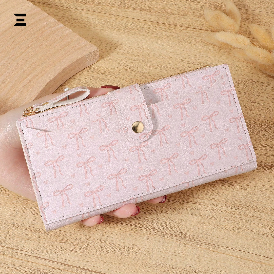 Pink Bow Love Pattern Long Wallet | Slim Fold-Over Women’s Card & Cash Wallet | IBRELIA™ IBRELIA