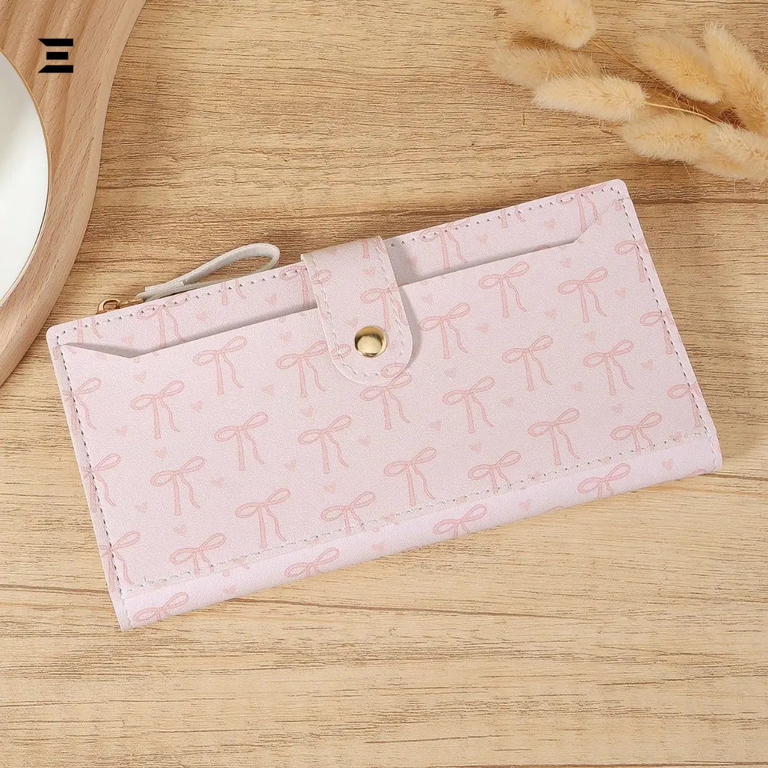 Pink Bow Love Pattern Long Wallet | Slim Fold-Over Women’s Card & Cash Wallet | IBRELIA™ IBRELIA