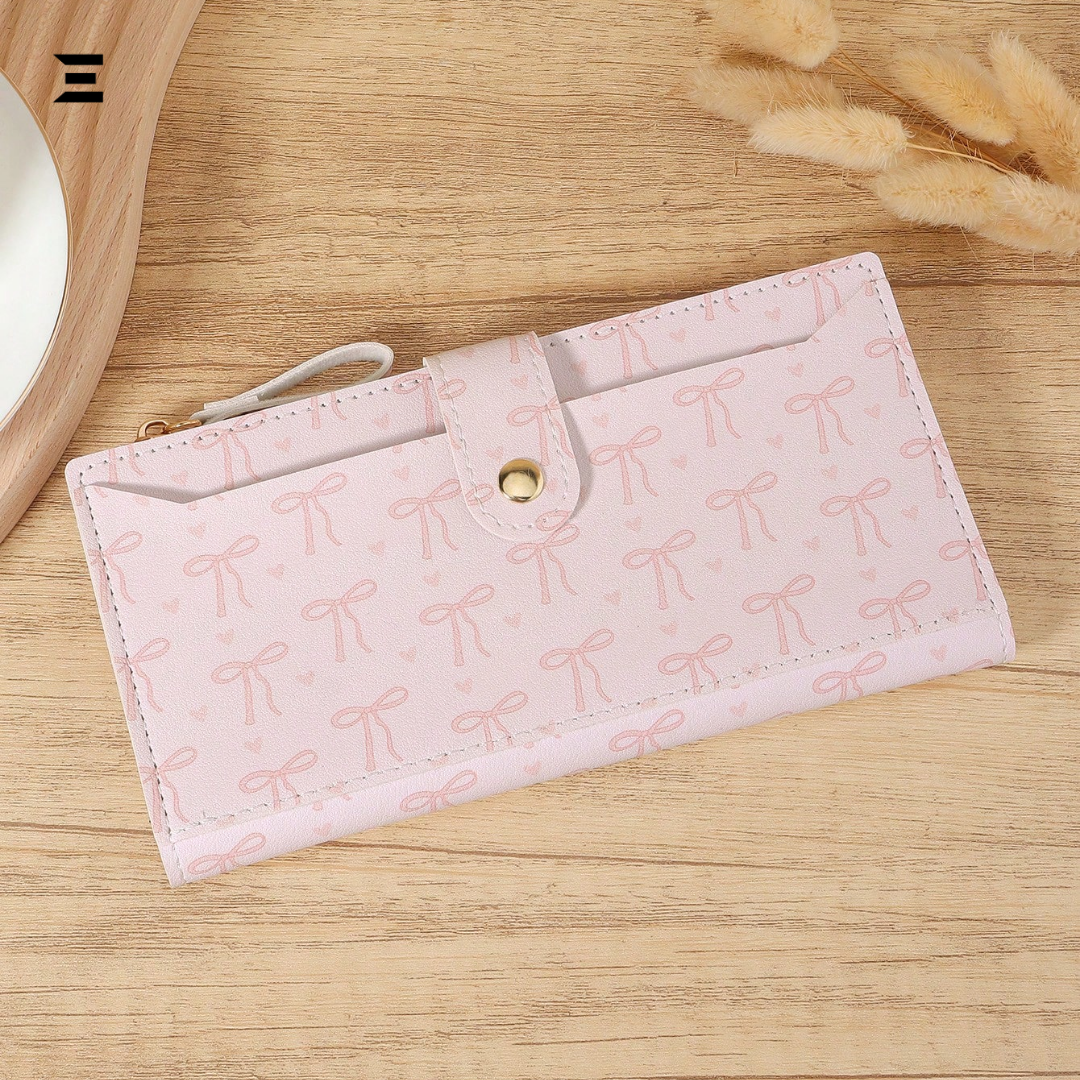 Pink Bow Love Pattern Long Wallet | Slim Fold-Over Women’s Card & Cash Wallet | IBRELIA™ IBRELIA