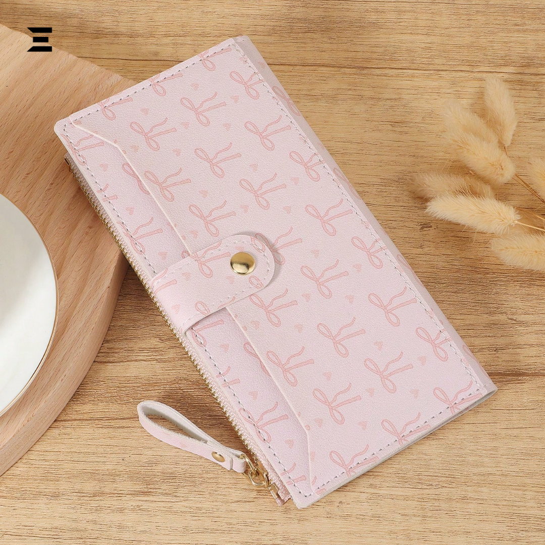 Pink Bow Love Pattern Long Wallet | Slim Fold-Over Women’s Card & Cash Wallet | IBRELIA™ IBRELIA