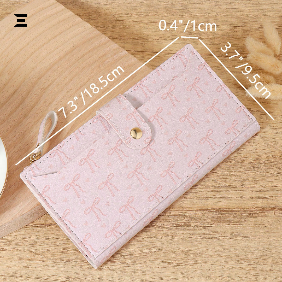 Pink Bow Love Pattern Long Wallet | Slim Fold-Over Women’s Card & Cash Wallet | IBRELIA™ IBRELIA