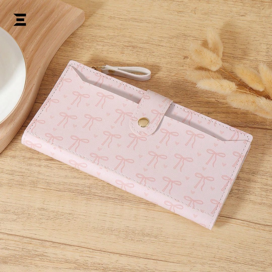 Pink Bow Love Pattern Long Wallet | Slim Fold-Over Women’s Card & Cash Wallet | IBRELIA™ IBRELIA