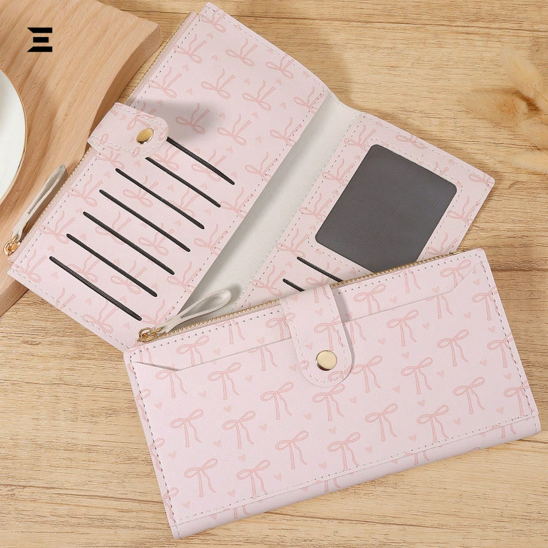 Pink Bow Love Pattern Long Wallet | Slim Fold-Over Women’s Card & Cash Wallet | IBRELIA™ IBRELIA