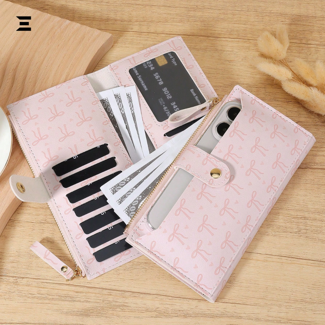 Pink Bow Love Pattern Long Wallet | Slim Fold-Over Women’s Card & Cash Wallet | IBRELIA™ IBRELIA