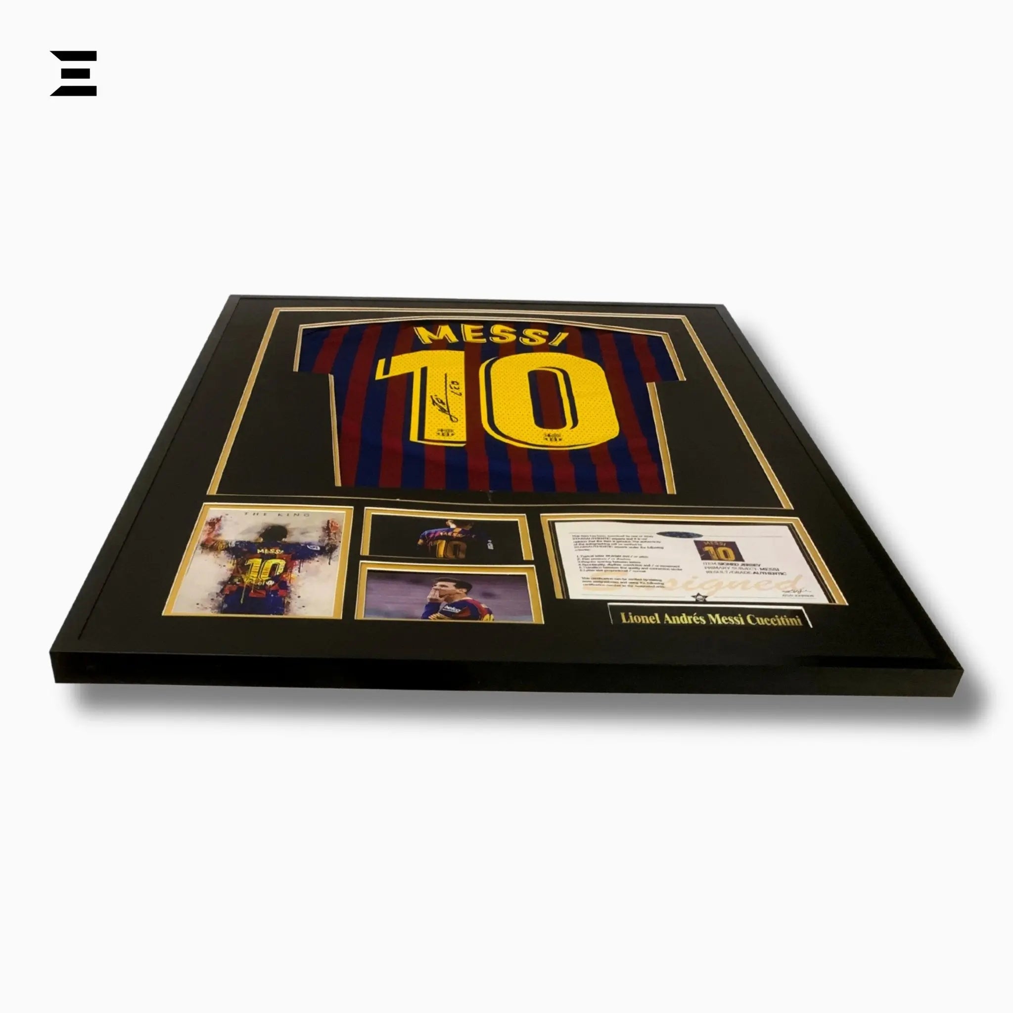 Lionel Messi “Signed” Barcelona Gold Edition Jersey Frame – Facsimile Autograph | Metal & Acrylic Display 23.5 × 31.5 in | IBRELIA™ - IBRELIA