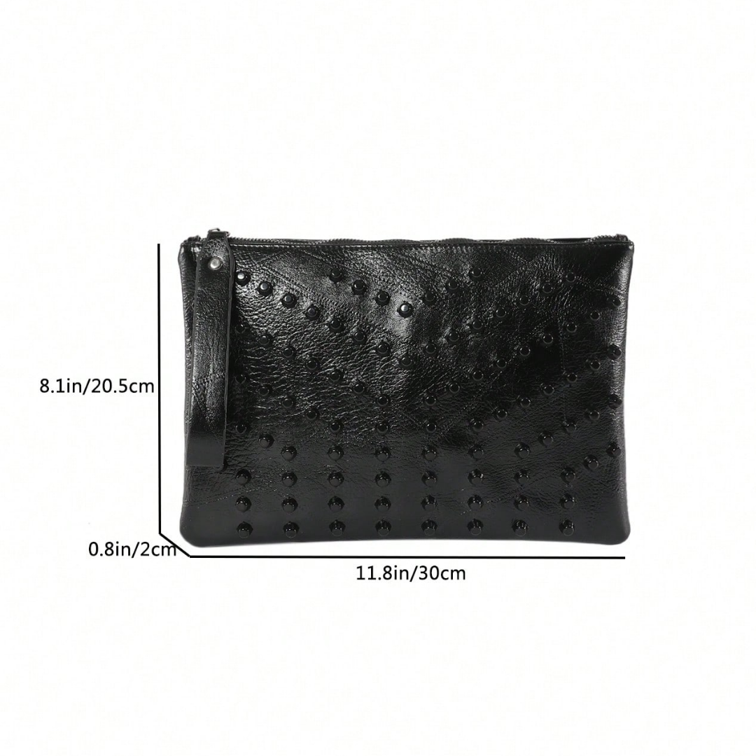 Black Rivet Oversized Wristlet Bag | PU Leather Studded Clutch for Women | IBRELIA™