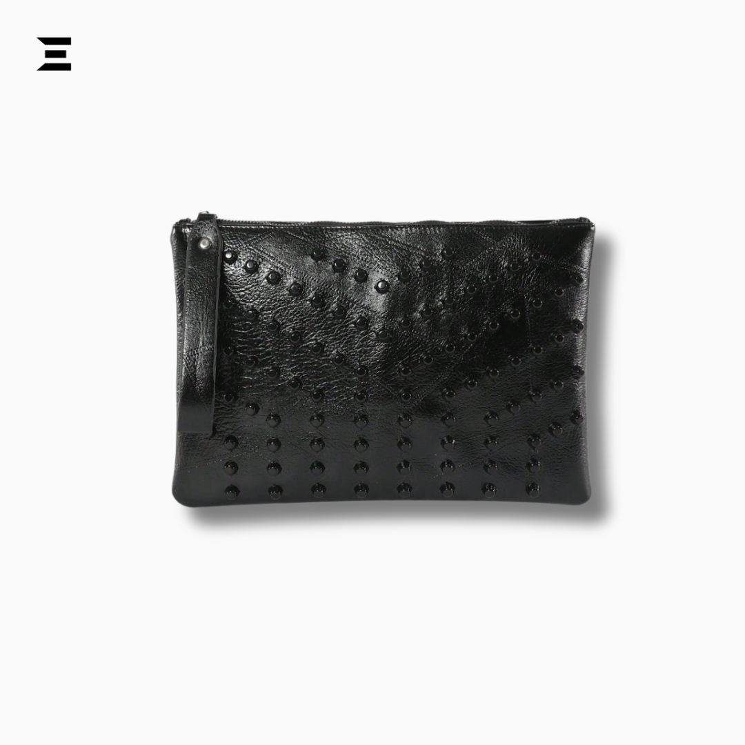 Black Rivet Oversized Wristlet Bag | PU Leather Studded Clutch for Women | IBRELIA™