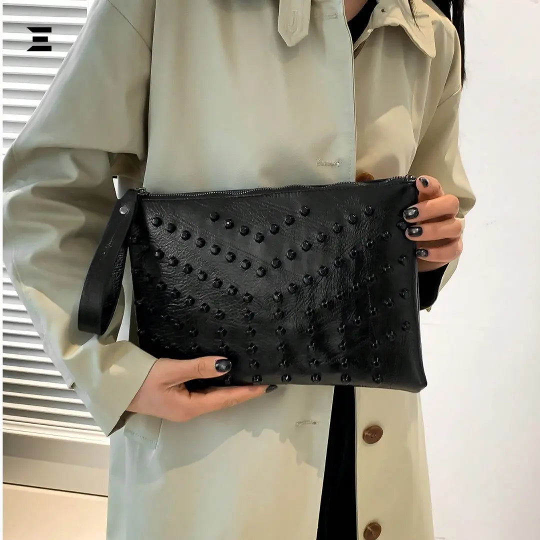 Black Rivet Oversized Wristlet Bag | PU Leather Studded Clutch for Women | IBRELIA™ IBRELIA