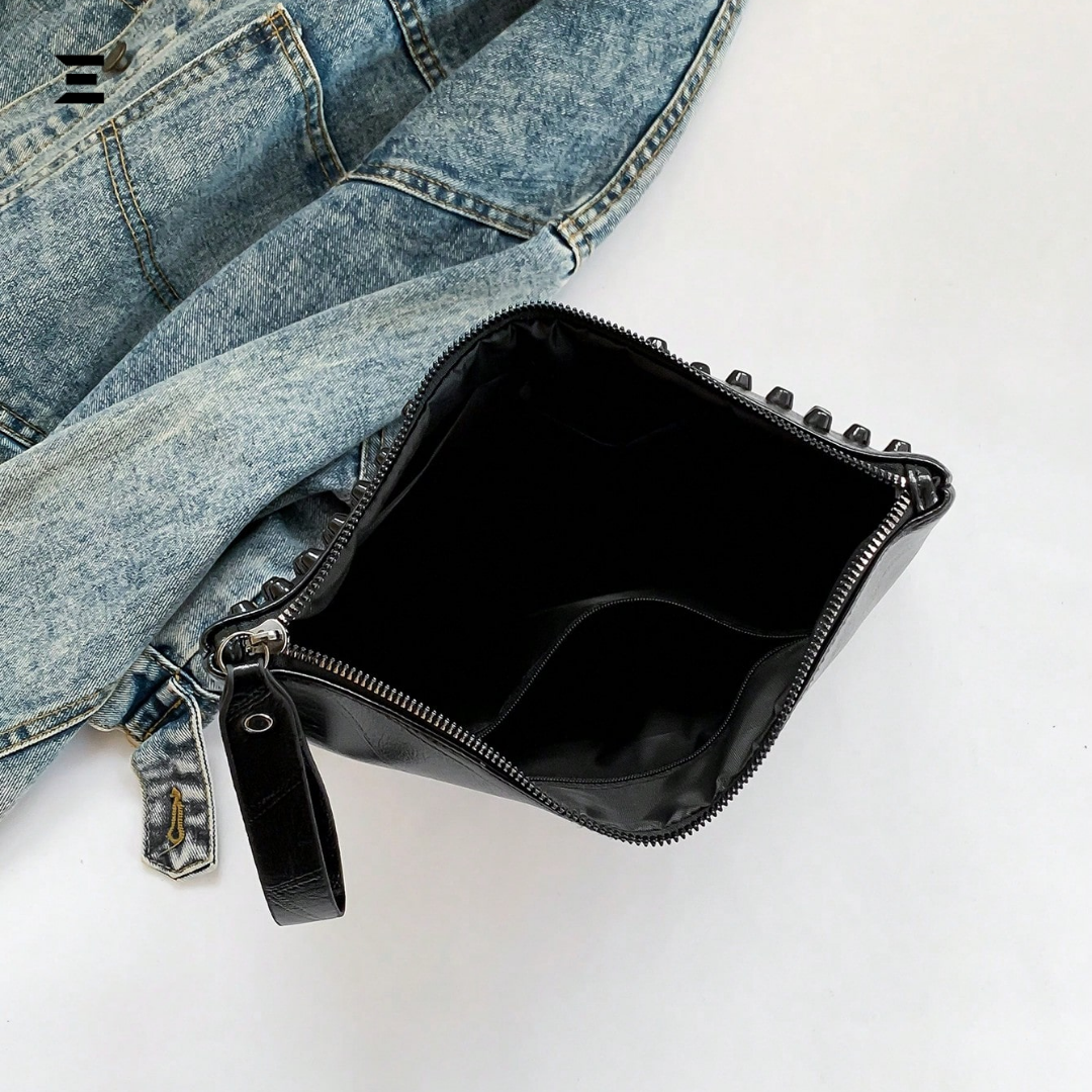 Black Rivet Oversized Wristlet Bag | PU Leather Studded Clutch for Women | IBRELIA™