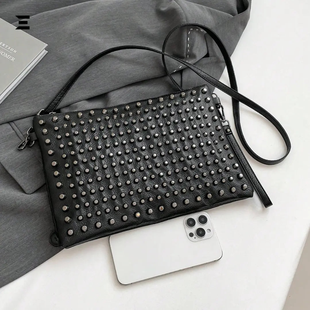 Black Studded Gothic Shoulder Bag – High-End Y2K Crossbody Clutch & Envelope Handbag for Women IBRELIA