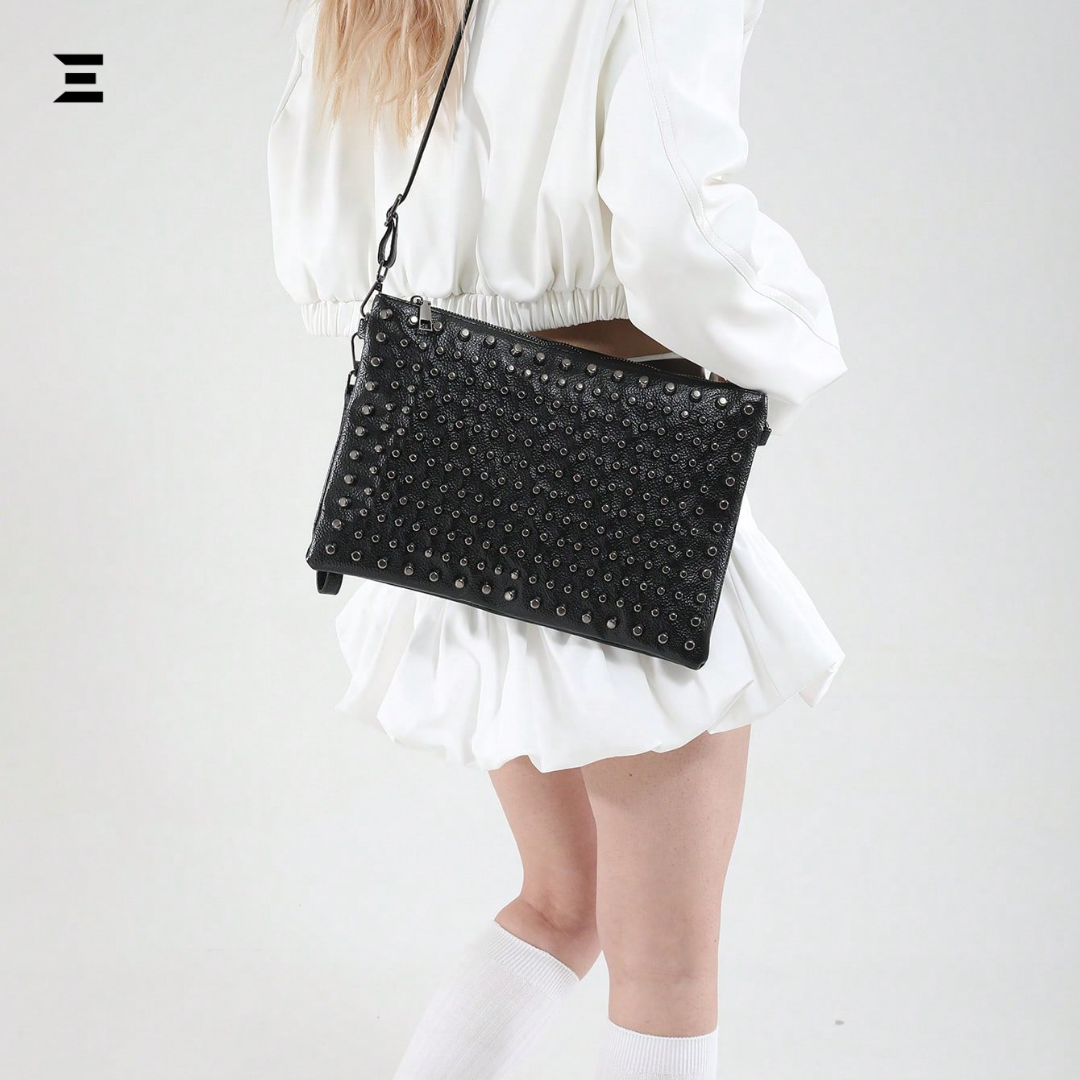 Black Studded Gothic Shoulder Bag – High-End Y2K Crossbody Clutch & Envelope Handbag for Women IBRELIA