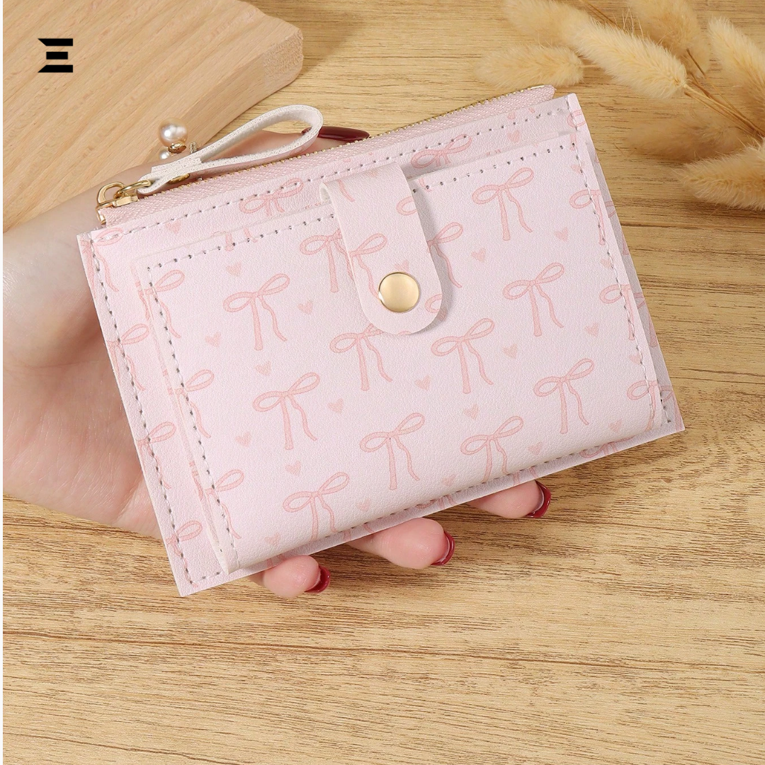 Pink Bow Love Pattern Buckle Wallet – Slim Lightweight Card Holder with Zipper Coin Pocket & Multiple Slots IBRELIA