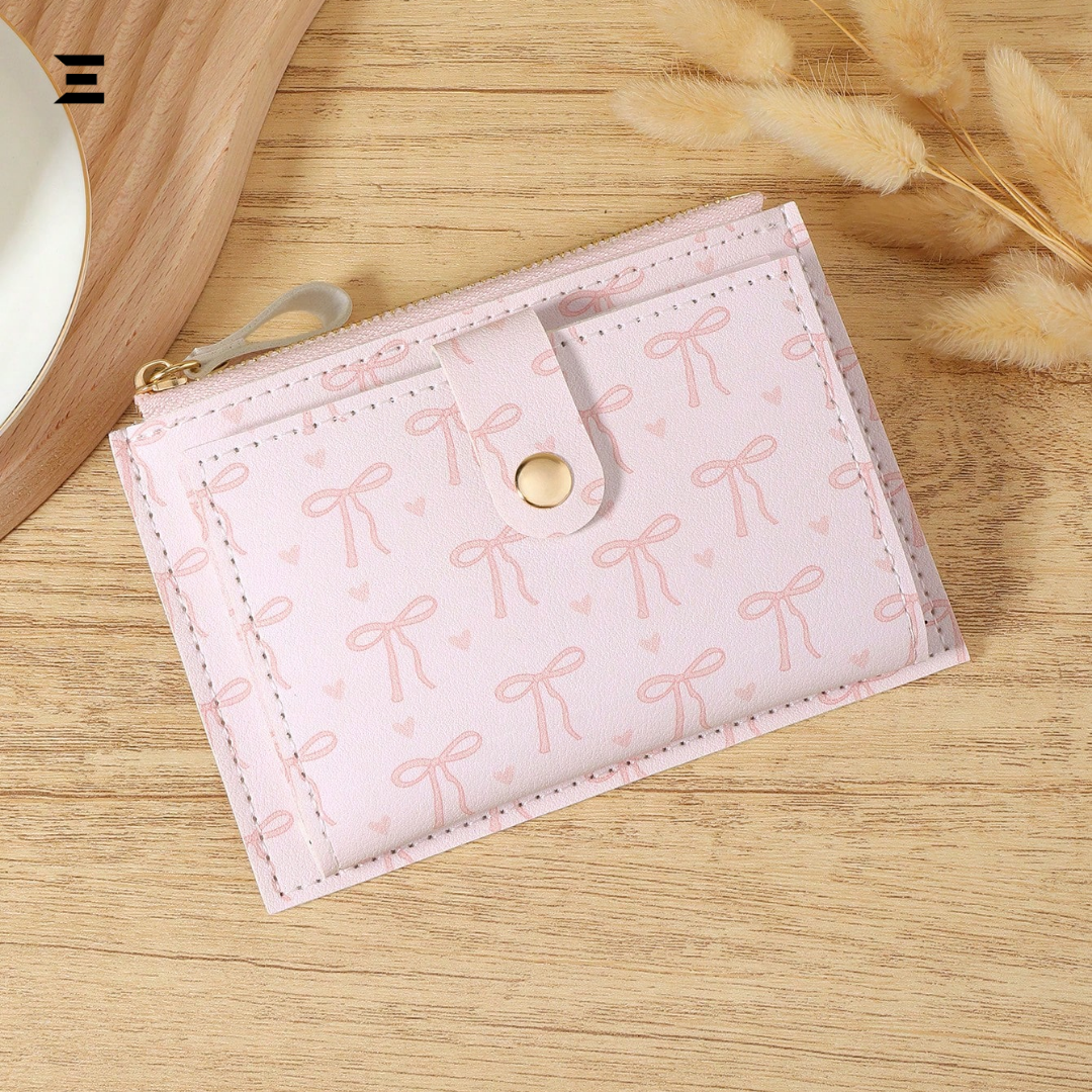 Pink Bow Love Pattern Buckle Wallet – Slim Lightweight Card Holder with Zipper Coin Pocket & Multiple Slots IBRELIA