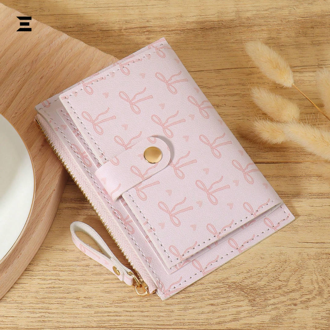 Pink Bow Love Pattern Buckle Wallet – Slim Lightweight Card Holder with Zipper Coin Pocket & Multiple Slots IBRELIA