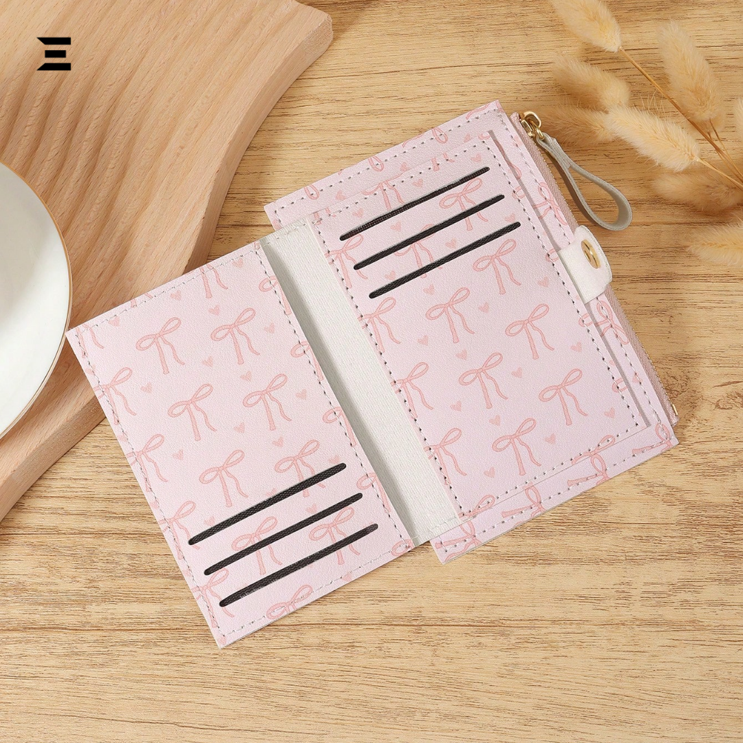 Pink Bow Love Pattern Buckle Wallet – Slim Lightweight Card Holder with Zipper Coin Pocket & Multiple Slots IBRELIA