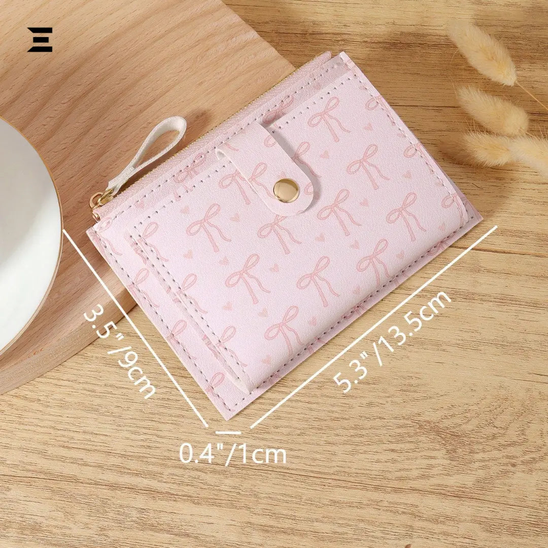 Pink Bow Love Pattern Buckle Wallet – Slim Lightweight Card Holder with Zipper Coin Pocket & Multiple Slots IBRELIA